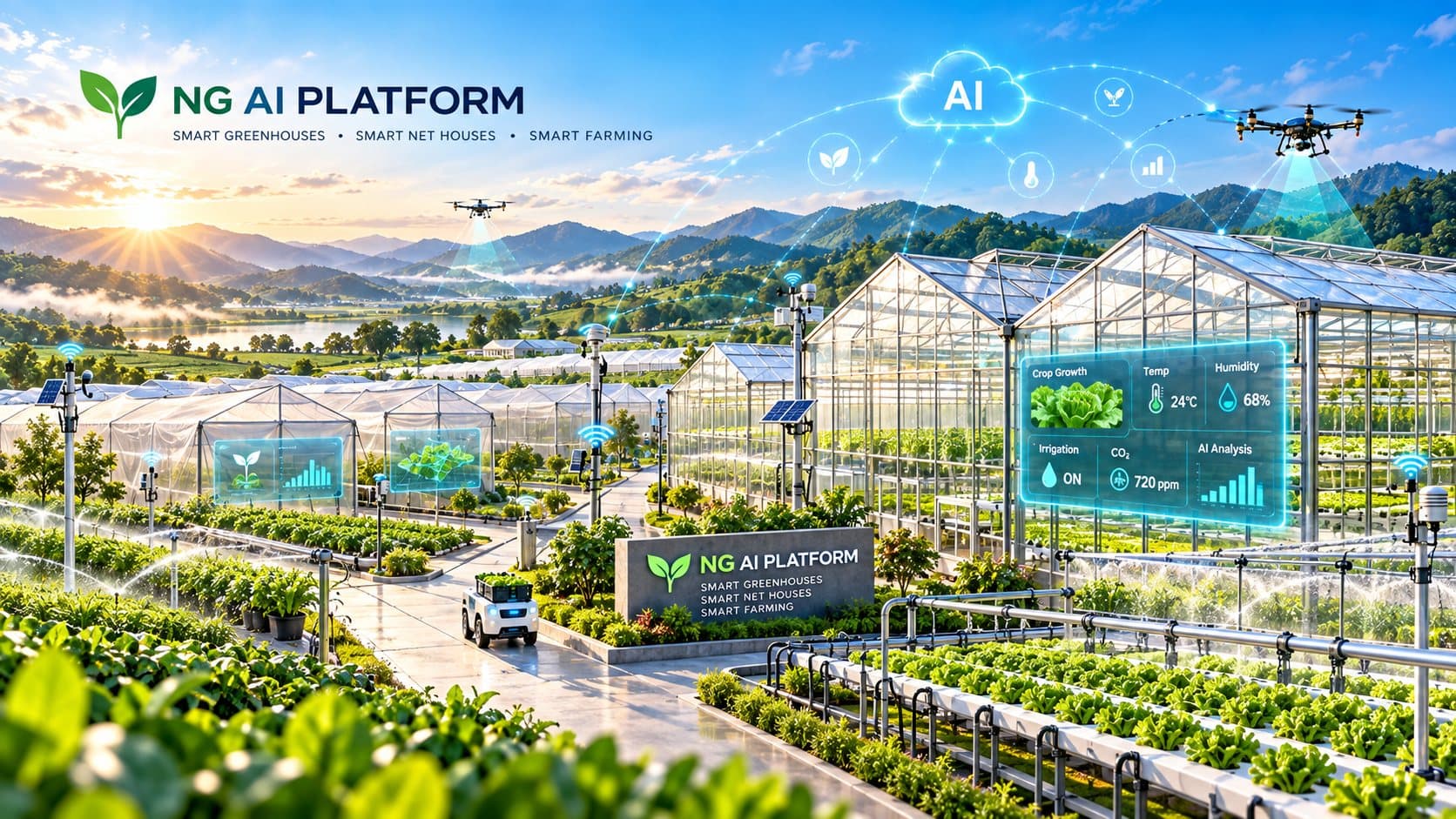 Khu nhà kính và nhà lưới thông minh được giám sát bằng cảm biến và drone